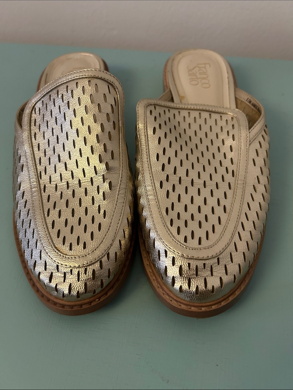 Franco Sarto Metallic Gold Perforated Slip-On Mules